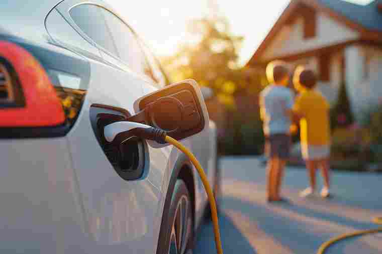 E-Auto wird aufgeladen im Hintergrund zwei Kinder