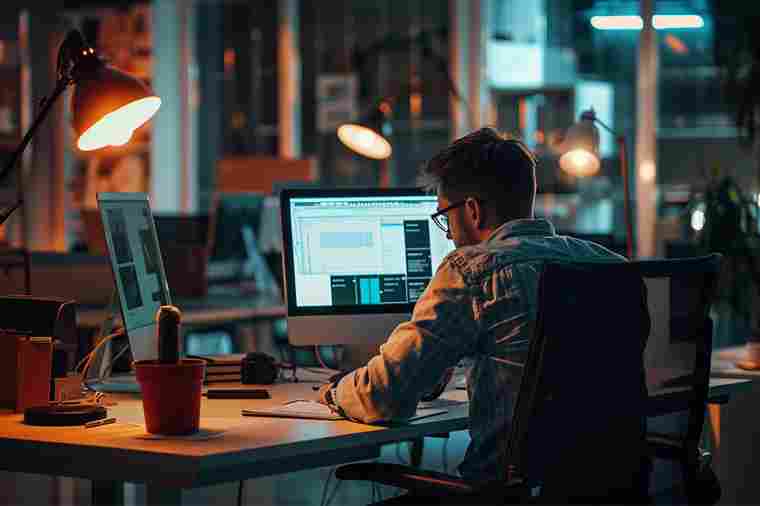 Mann sitzt an seinem Arbeitsplatz mit zwei Bildschirmen 