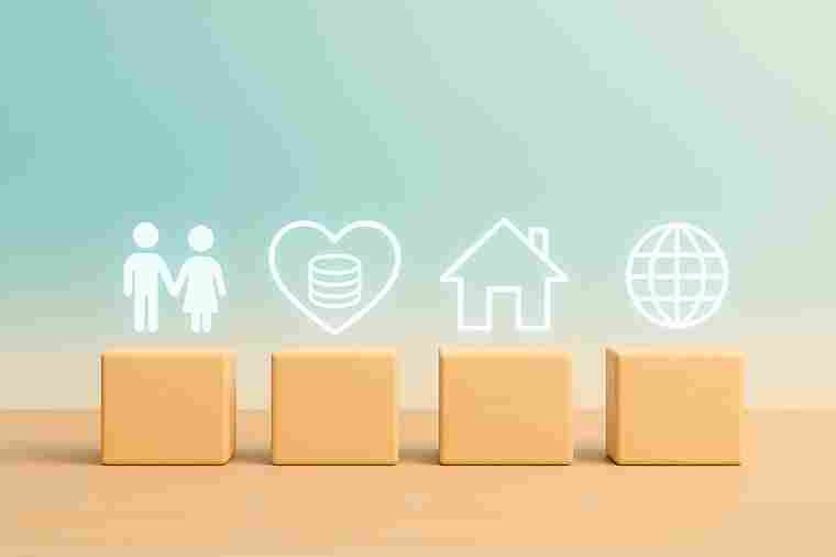 Icons zu Personen, Herz, Haus und Globus